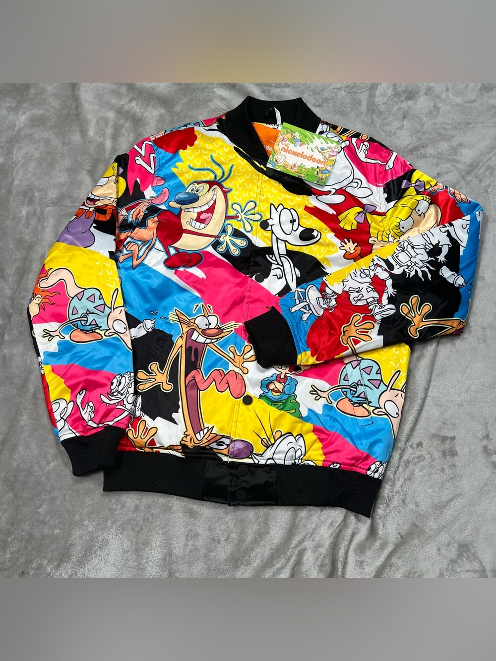 Nickelodeon Rugrats Freeze Max Satin Jacket Men M Black Bomber Retro Graphic Y2K